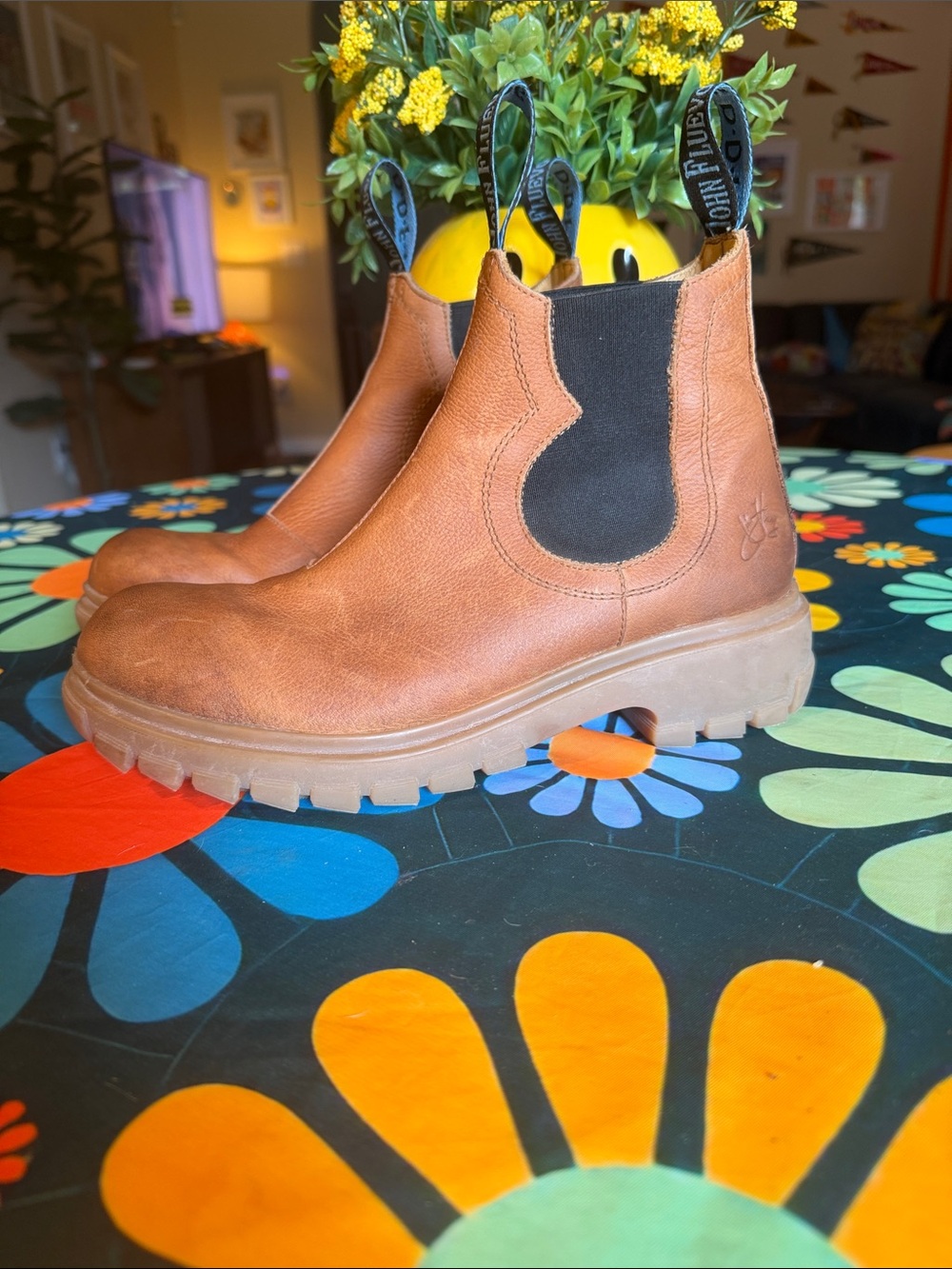 John Fluevog Jeudi Chelsea boots in brown leather with a thick treaded sole.